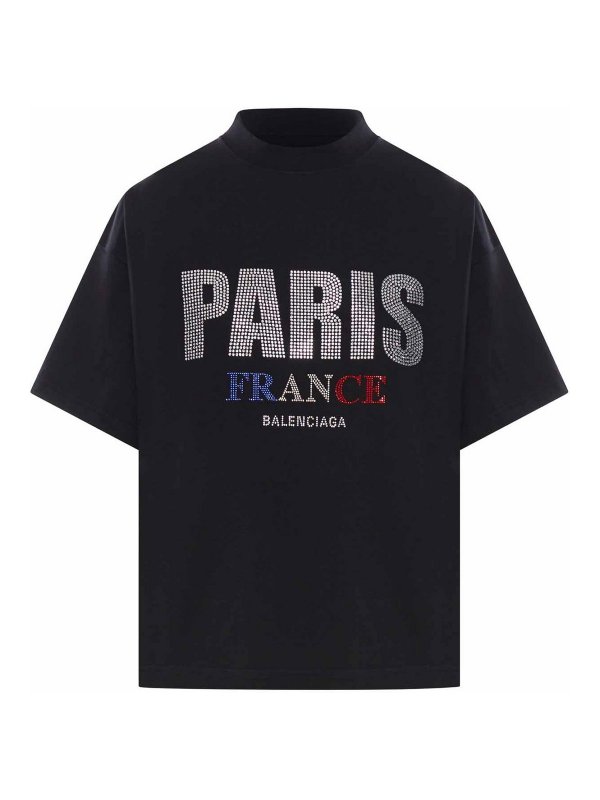 BALENCIAGA: t-shirts - T-Shirt Paris Strass Cropped Oversize In Nero
