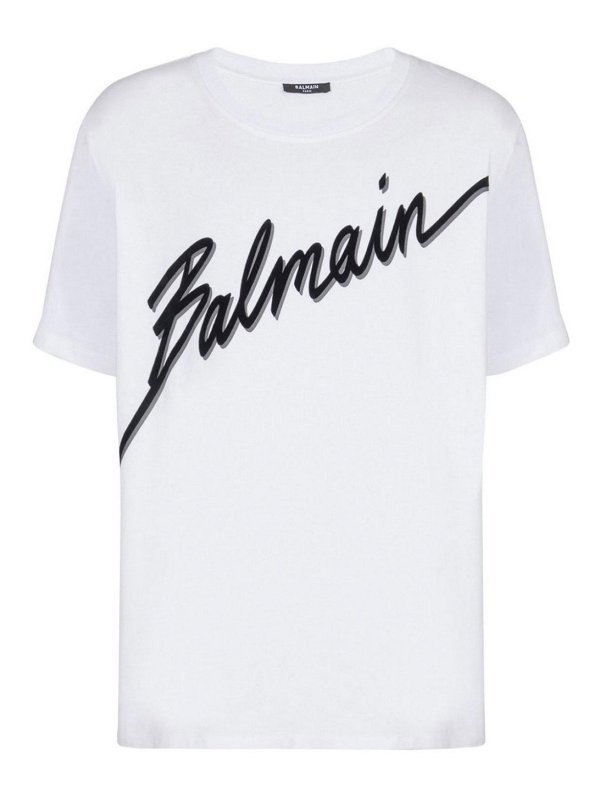 Balmain: t-shirts - Letter Flock T-Shirt - Reg Fit White/Black