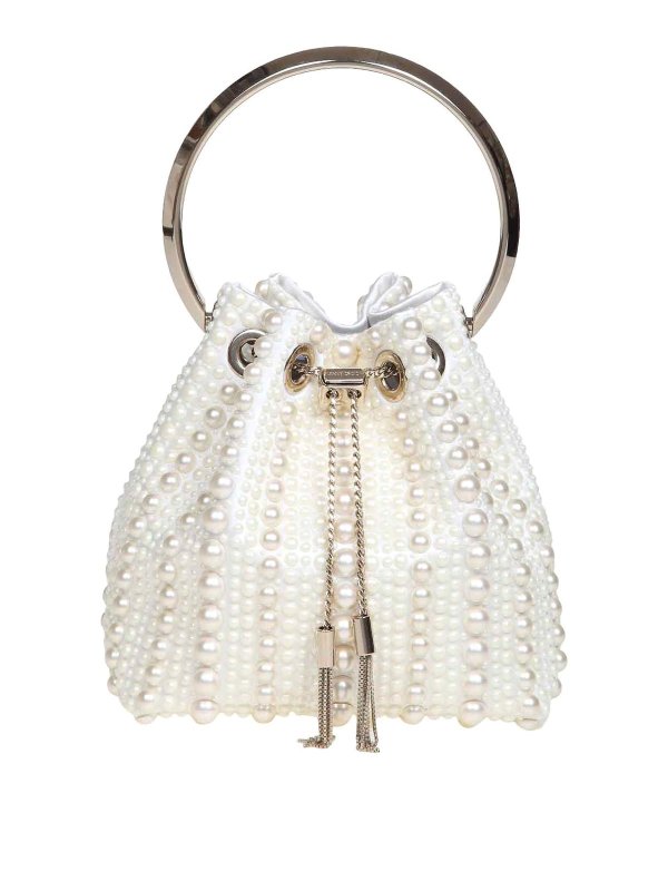 JIMMY CHOO: Bucket bags - Bon Bon Bucket In Satin And Applied Pearls