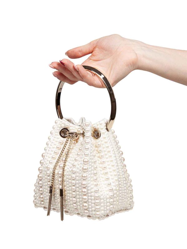 JIMMY CHOO: Bucket bags online - Bon Bon Bucket In Satin And Applied Pearls