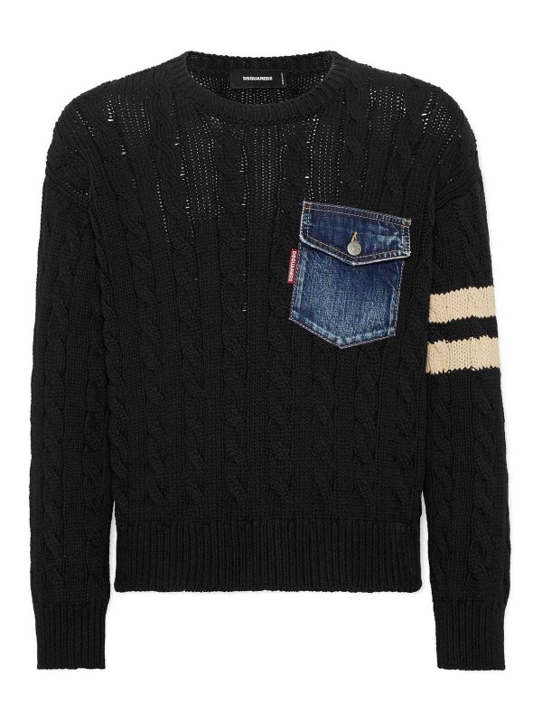 DSQUARED2: maglia collo rotondo - Maglione a trecce con tasca D2