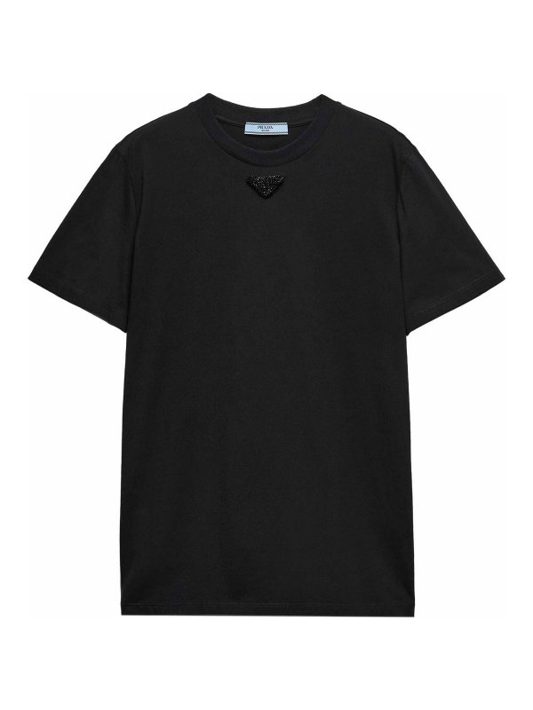 PRADA: t-shirts - Embroidered-Triangle Jersey T-Shirt