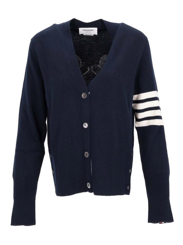 THOM BROWNE: cardigans - V Neck Cardigan In Merino Wool  4 Bar Stripe