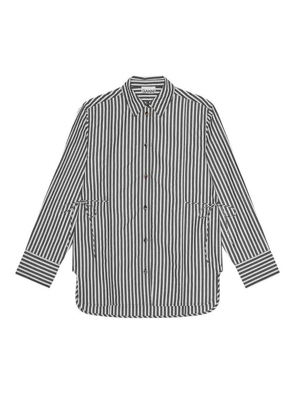 GANNI: shirts - Stripe Cotton Oversized Tie String Shirt