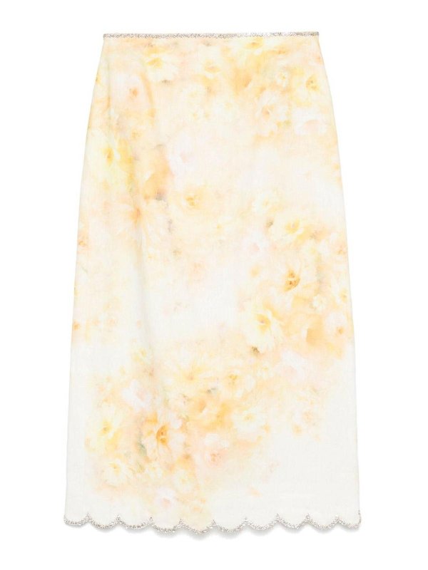 ZIMMERMANN: Knee length skirts & Midi - Floral Print Linen Midi Skirt