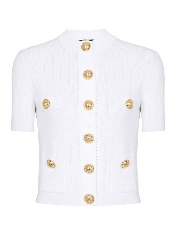 Balmain: Strickpullover mit Rundhalsausschnitt - Rundhalspullover - Weiß