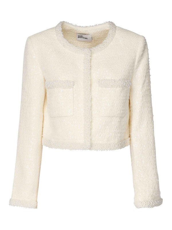 Self Portrait: casual jackets - Cream Boucl Jacket With Pearl Trim