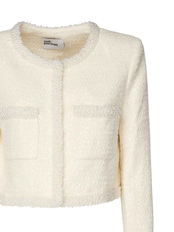 The Best Shops Self Portrait: casual jackets - Cream Boucl Jacket With Pearl Trim