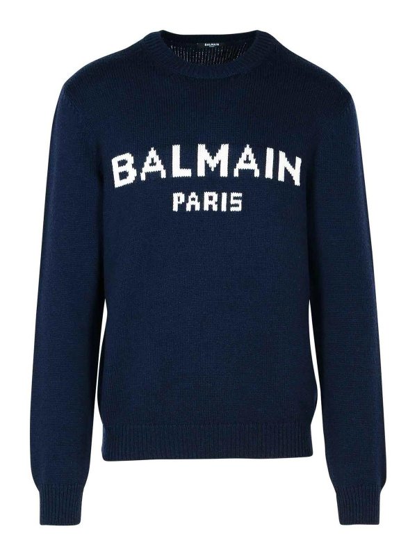 Balmain: crew necks - Blue Merino Wool Blend Sweater