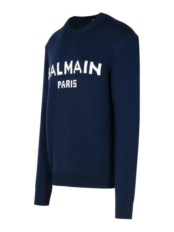 The Best Shops Balmain: crew necks - Blue Merino Wool Blend Sweater