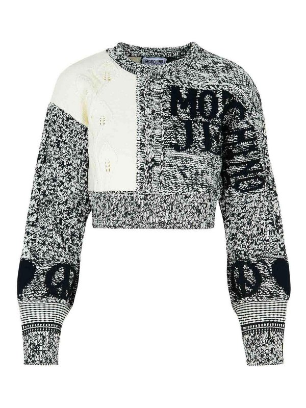 MOSCHINO JEANS: crew necks - Patch White Cotton Blend Sweater