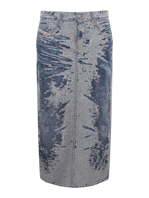 DIESEL: Knee length skirts & Midi - Distressed Jacquard Denim Midi Skirt
