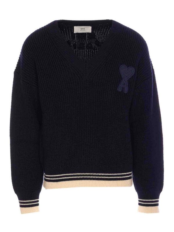 AMI PARIS: v necks - Si Blue Ribbed V Neck Sweater