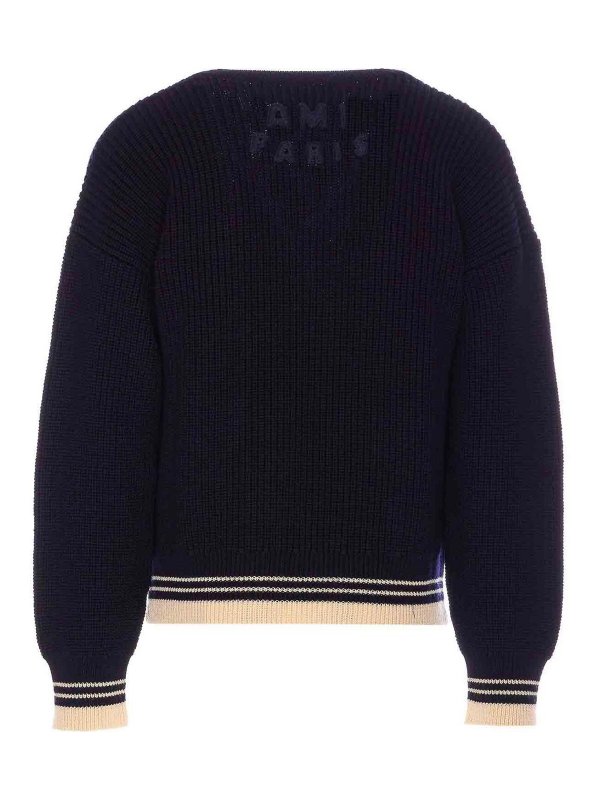AMI PARIS: v necks online - Si Blue Ribbed V Neck Sweater