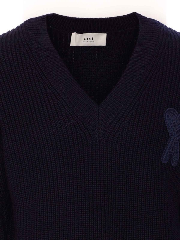 Si Blue Ribbed V Neck Sweater shop online: AMI PARIS