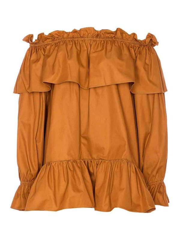 SAINT LAURENT: knee length dresses - Cotton Twill Flounce Dress