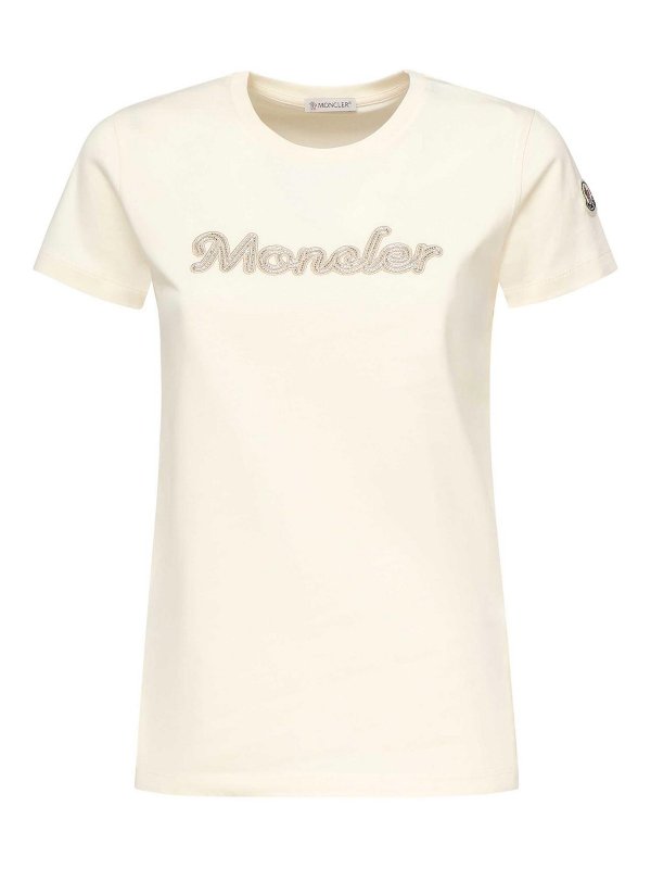 MONCLER: t-shirt - T-shirt con logo ricamato con perle
