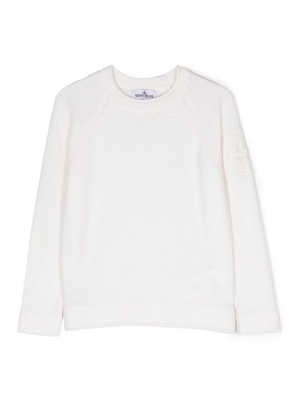 Stone Island Junior: Escotes barcos - Suéter Con Escote Barco - Blanco