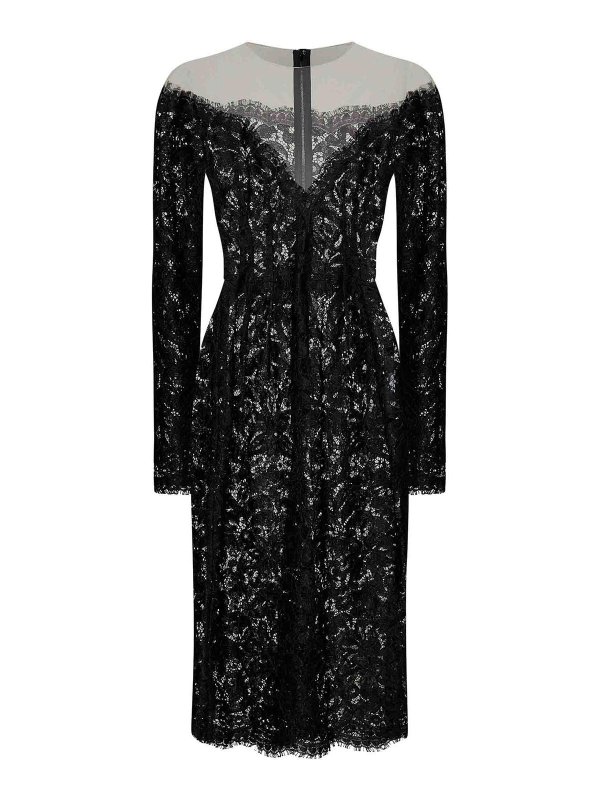 DOLCE & GABBANA: knee length dresses - *Icon Black Floral Lace Midi Dress
