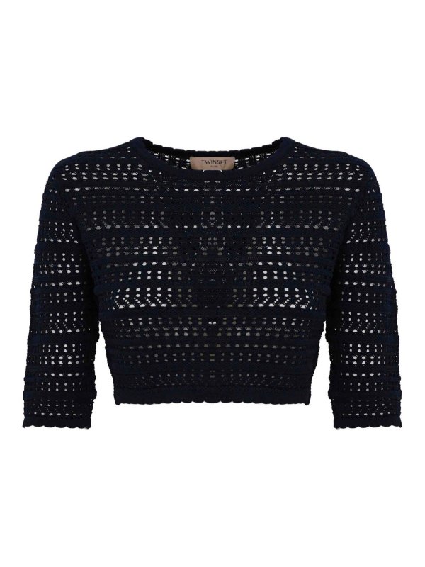 TWINSET: Strickpullover mit Rundhalsausschnitt - Rundhalspullover - Blau