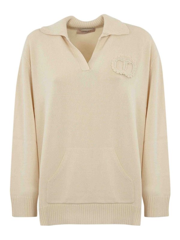 TWINSET: Suéteres con cuello pico - Suéter Cuello Redondo - Beis