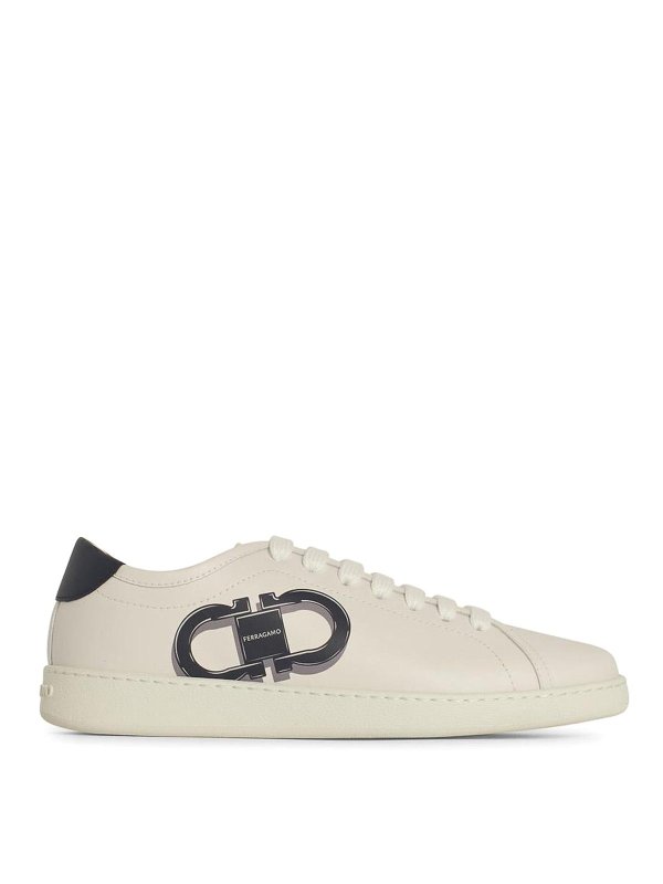 FERRAGAMO: sneakers - Sneaker in pelle bianca brandy