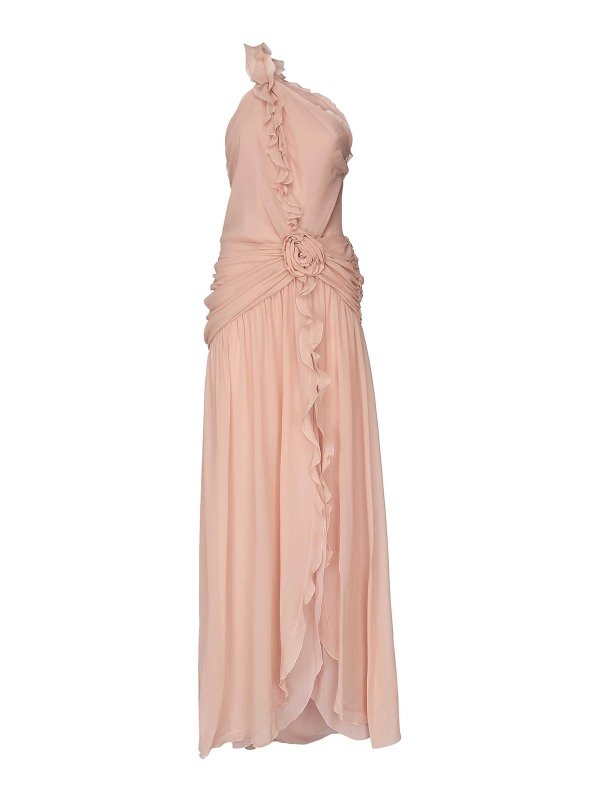 BLUMARINE: knee length dresses - One-Shoulder Dress In Silk Georgette