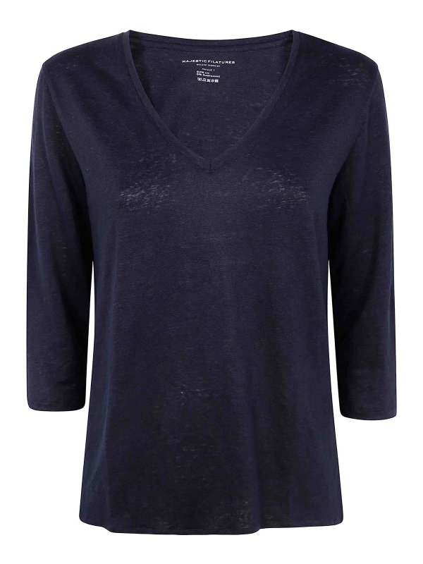 Majestic Filatures: Strickpullover mit V-Ausschnitt - V-Pullover - Blau