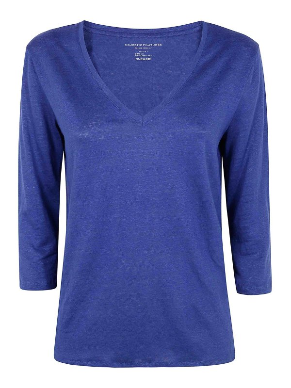 Majestic Filatures: Suéteres con cuello pico - Suéter Con Cuello De Pico - Azul