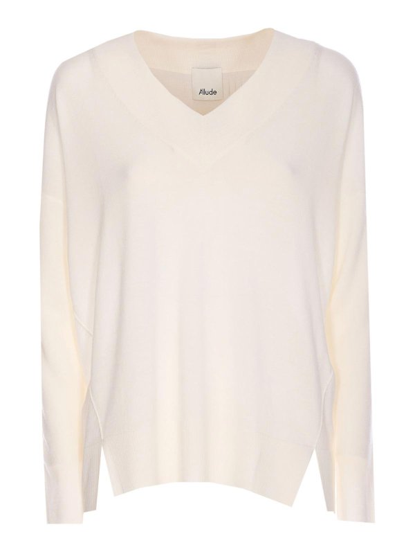 ALLUDE: v necks - White Sweater
