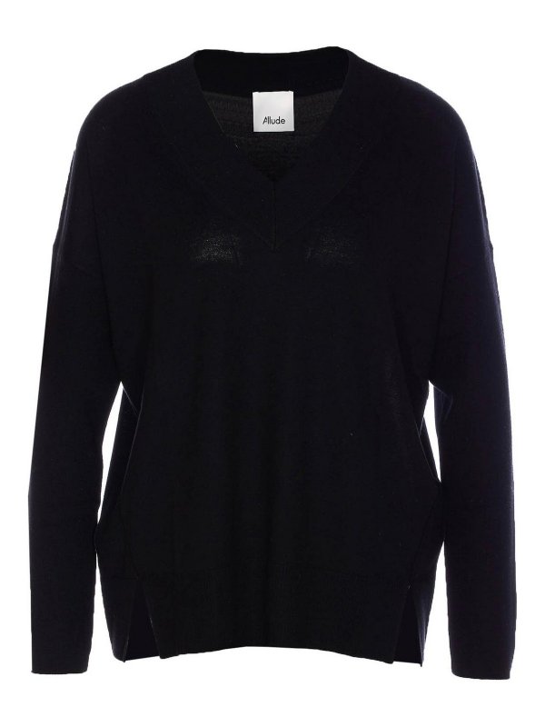 ALLUDE: Vネック - Vネック - ブルー