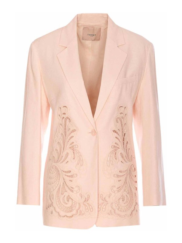 TWINSET: blazers - Mixed Linen Blazer With Embroidery