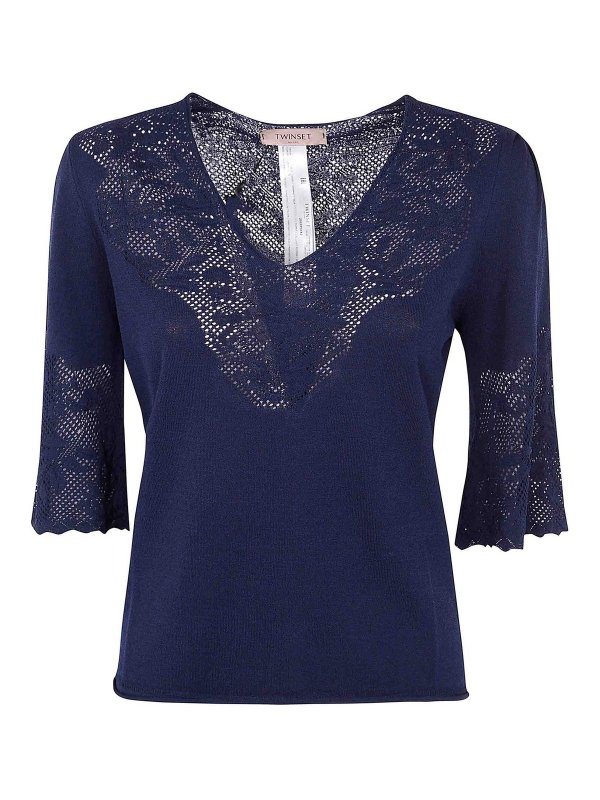 TWINSET: Strickpullover mit Rundhalsausschnitt - Rundhalspullover - Blau