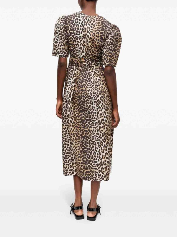 GANNI: knee length dresses online - Printed Cotton Tie Strap Midi Dress