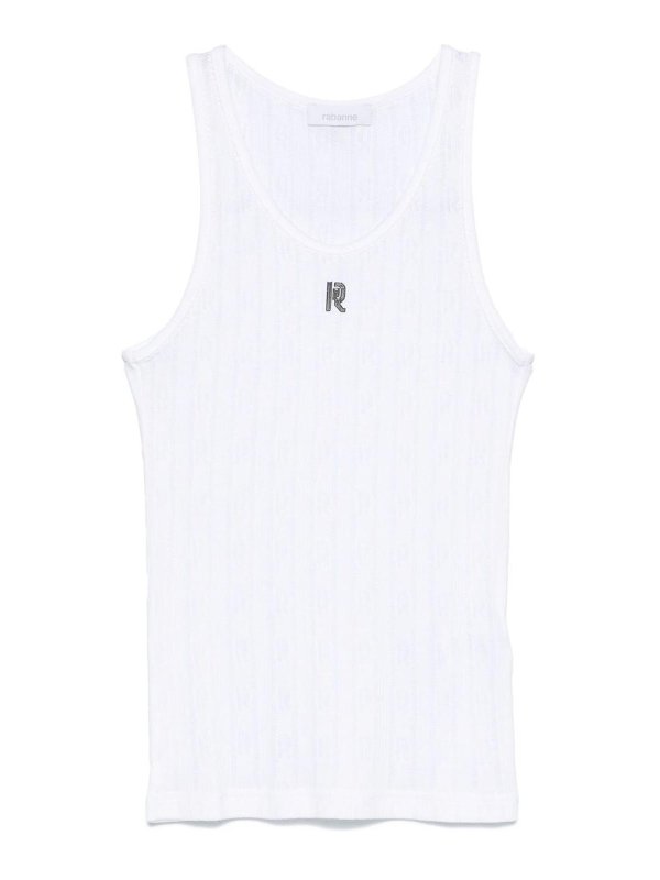 RABANNE: t-shirts - White Cotton T-Shirt With Silver Logo Plaque