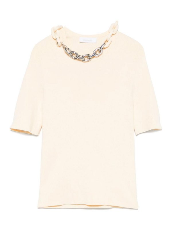 RABANNE: t-shirt - T-shirt di seta beige e cotone con catena