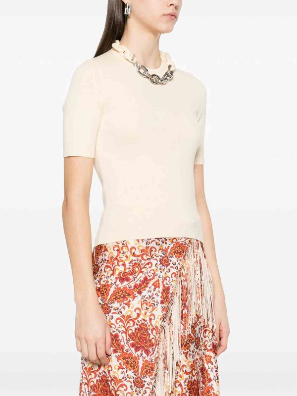RABANNE: t-shirt online - T-shirt di seta beige e cotone con catena