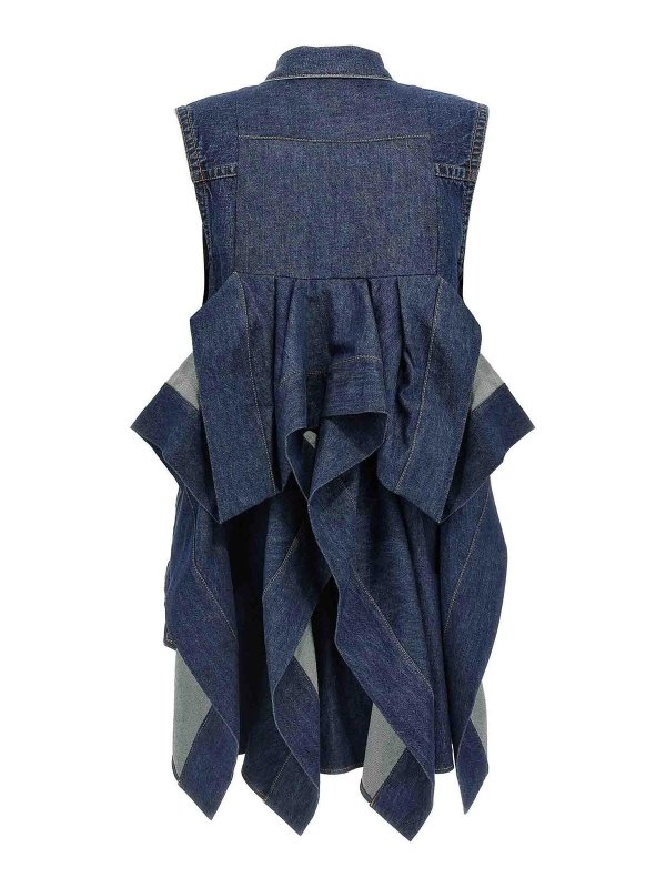 Sacai: knee length dresses online - Ruffled Denim Dress