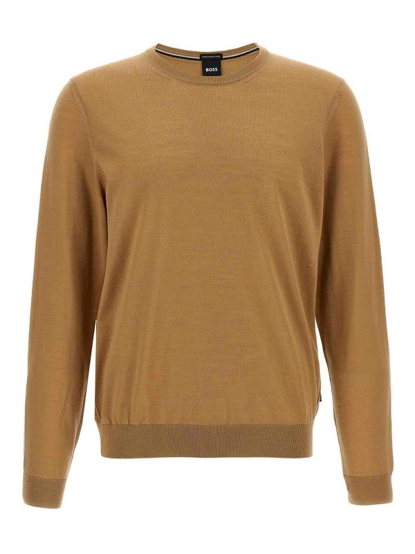 Hugo Boss: Strickpullover mit Rundhalsausschnitt - Rundhalspullover - Beige