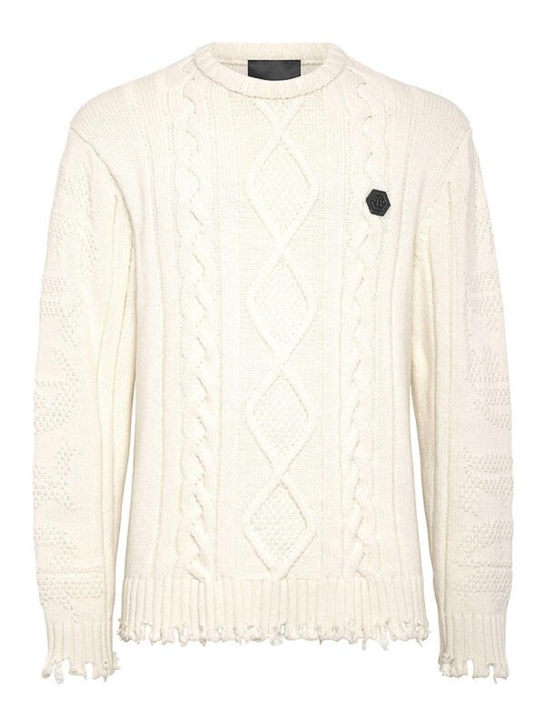 PHILIPP PLEIN: Strickpullover mit Rundhalsausschnitt - Rundhalspullover - Weiß