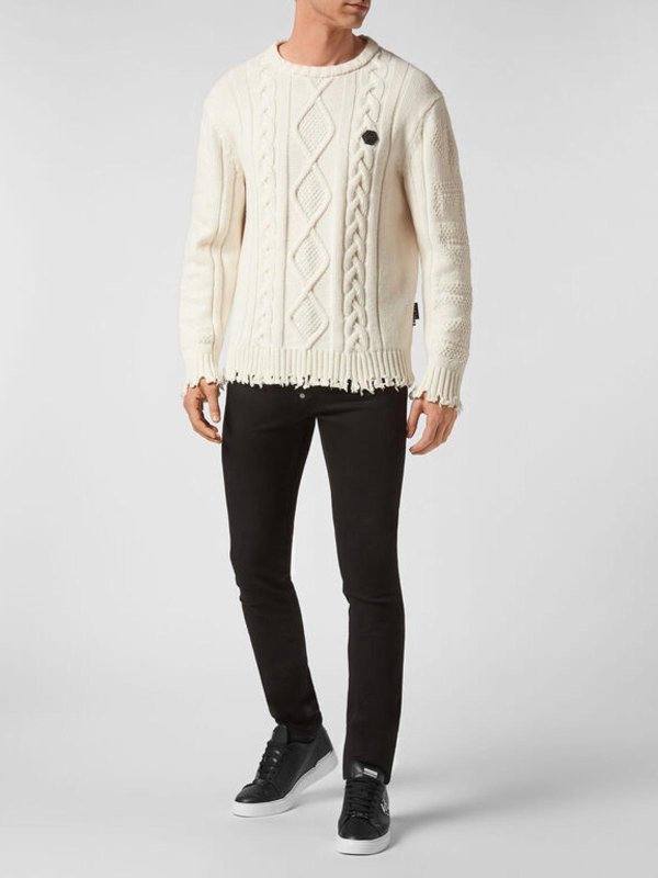 PHILIPP PLEIN: Strickpullover mit Rundhalsausschnitt online - Rundhalspullover - Weiß