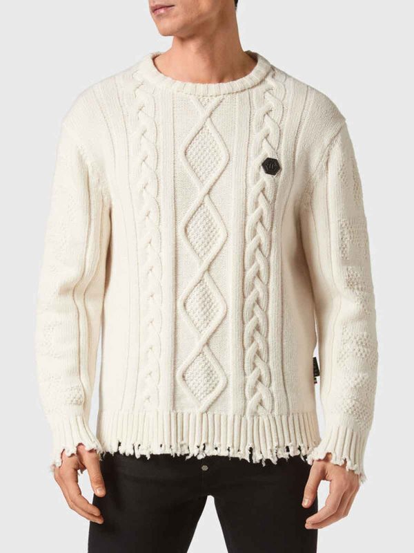 The Best Shops PHILIPP PLEIN: Strickpullover mit Rundhalsausschnitt - Rundhalspullover - Weiß