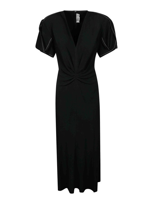 VICTORIA BECKHAM: knee length dresses - Gathered V Neck Midi Dress