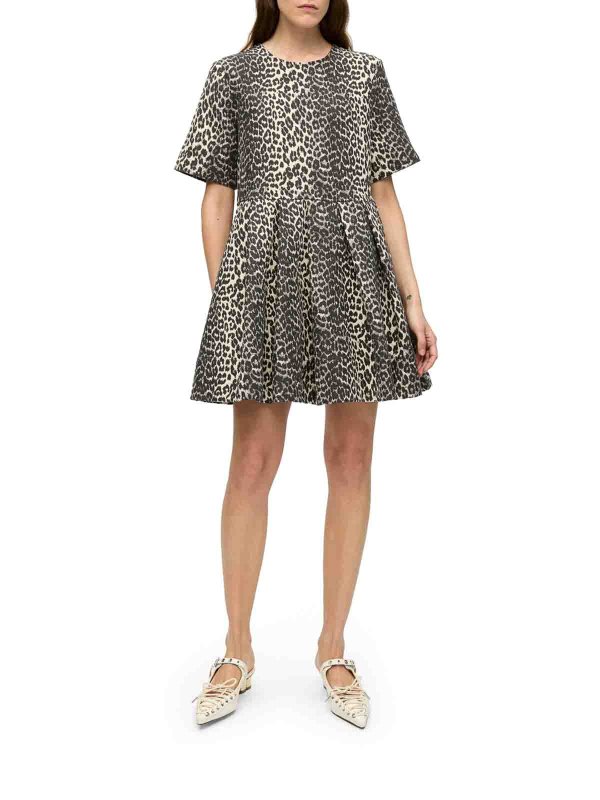 GANNI: short dresses online - Leopard Cotton Tweed Mini Dress