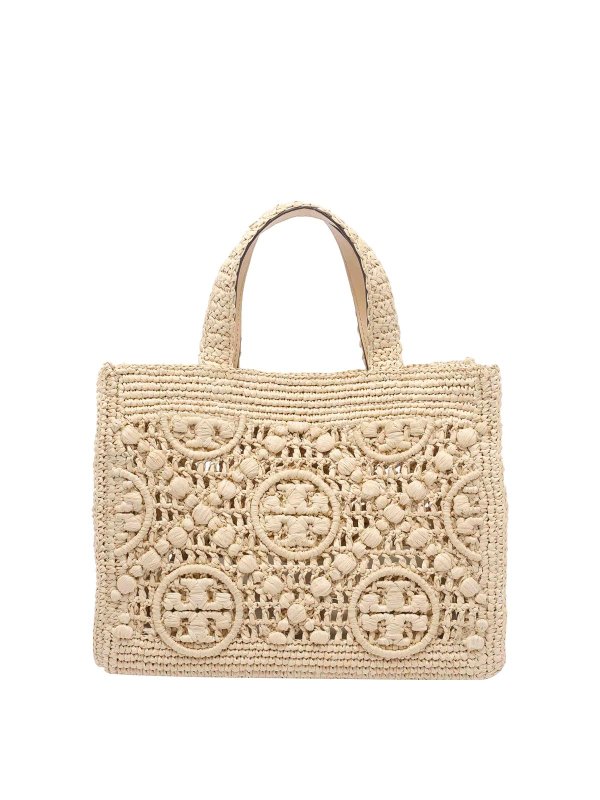 TORY BURCH: totes bags - Beige Raffia T Monogram Tote Bag