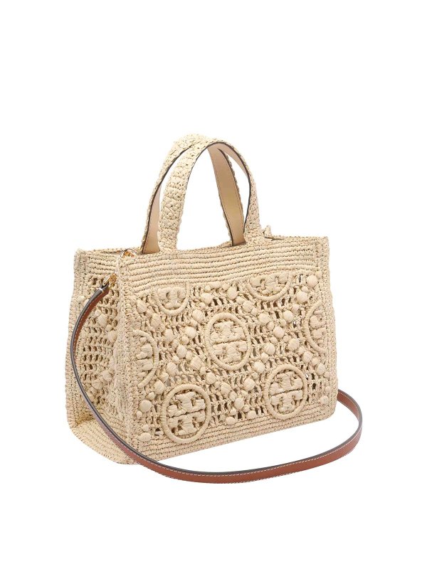 TORY BURCH: totes bags online - Beige Raffia T Monogram Tote Bag