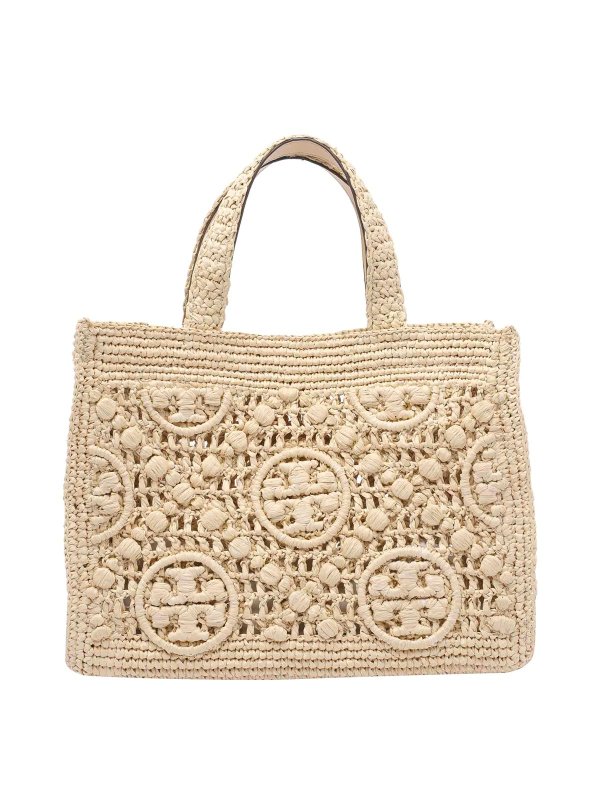 The Best Shops TORY BURCH: totes bags - Beige Raffia T Monogram Tote Bag