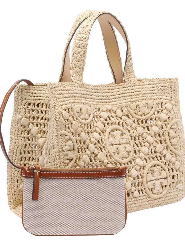 Beige Raffia T Monogram Tote Bag shop online: TORY BURCH