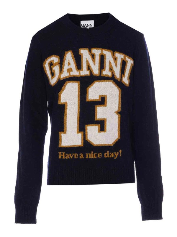 GANNI: crew necks - Blue Graphic Wool Mix Sweater