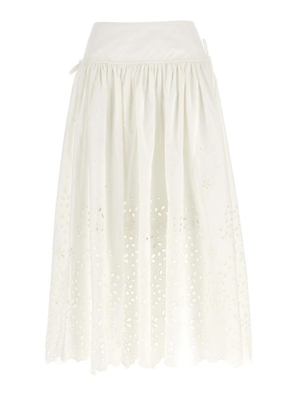 Self Portrait: Knee length skirts & Midi - White Cotton Embroidered Midi Skirt